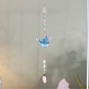 Origami Ornament #2416 - Medium Crane with Rose Quartz
